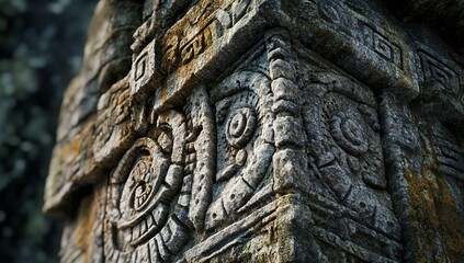 Close-up of ancient stone carving with intricate Mayan-style designs, showing weathering and age.
