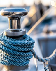Obraz premium Close-up of a boat cleat with coiled blue rope.