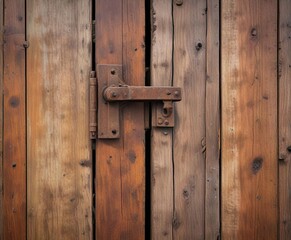 A rusty door hinge placed on a weathered wooden door surface with patina , corroded, wood