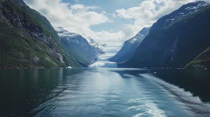 Obraz premium Majestic glacier in serene fjord landscape. majestic fjord. illustration. fjord. illustration. Majestic Fjord. Illustration