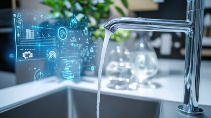 A digital interface on a smart faucet showing eco-mode for water conservation.