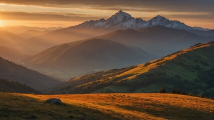 Photograph of a Tranquil Mountain Landscape Bathed in Golden Hour Ligh