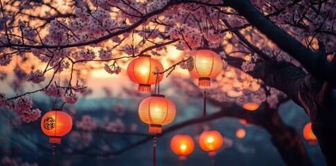 Glowing Lanterns Hanging From Cherry Blossom Tree at Sunset
