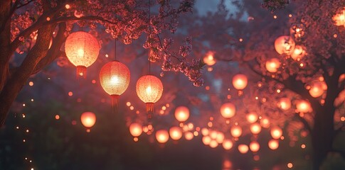 Enchanting Cherry Blossom Tree Lanterns Night Scene