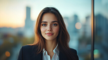 Fototapeta premium Confident businesswoman smiling with bright eyes, showcasing professionalism and warmth in modern urban setting.