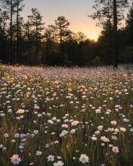 Sunset illuminates a field of wildflowers in a pine forest.