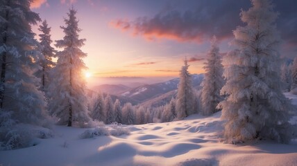 Photograph of a Scenic Snowy Landscape Bathed in Golden Light at Twilight