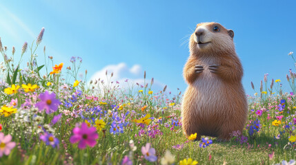 illustration of a marmot against a background of blue sky on a field with wildflowers. blue background for groundhog day