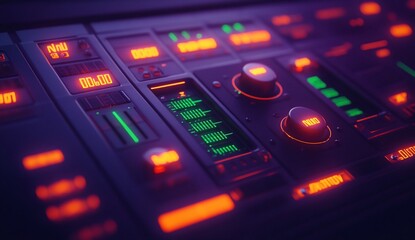 Close-up of a futuristic control panel with illuminated buttons, knobs, and digital displays showing audio levels and other data.