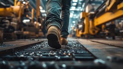 Factory worker walking on metal floor, close-up of boots and debris.