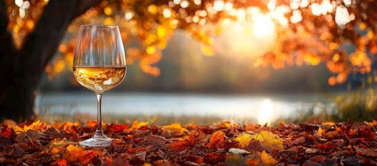 Autumnal wine glass by lake, sunset. Fall foliage. Relaxing drink