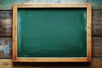 Blank Rustic Green Chalkboard on Wooden Background