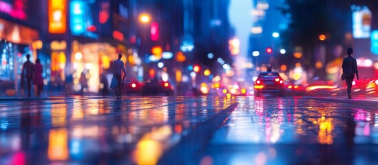 Obraz premium Rainy night city street, blurred lights, people walking.