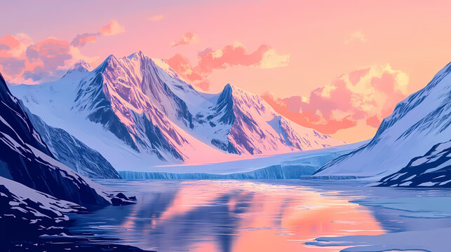 Wide shot of majestic mountain range at edge of expansive greenlandic fjord, vast wilderness, frozen tundra, mountain majesty. Majestic Fjord. Illustration
