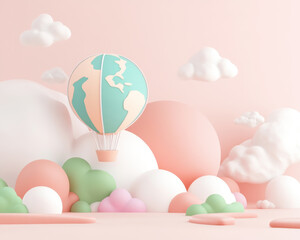 whimsical hot air balloon featuring globe floats above colorful clouds in pastel landscape, evoking sense of adventure and creativity