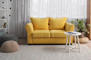 Beautiful interior of living room with yellow sofa