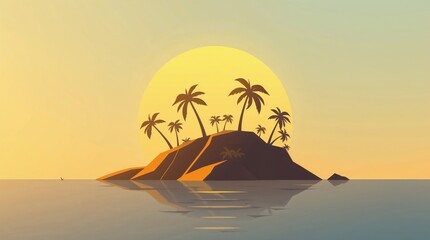 Tropical Sunset Silhouette of Palm Trees on a Beach Island Landscape Illustration