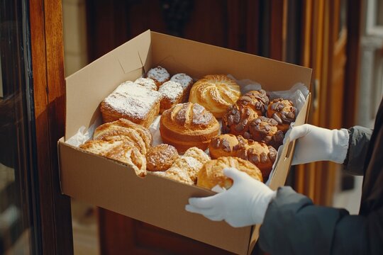 Delivery person in gloves hands over a box of freshly baked bread and pastries at a doorstep.