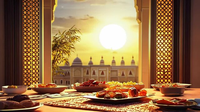 Golden sunset over mosque seen through arabesque arch with traditional iftar meal spread, ramadan kareem theme reflecting joyful celebration and togetherness