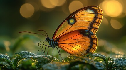 Luminous Butterfly on Dew-Kissed Foliage at Dawn