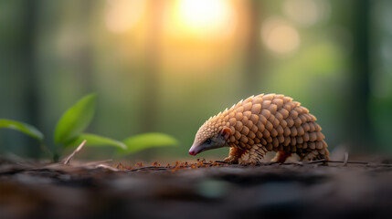 Obraz premium pangolin walks through forest at sunset, surrounded by greenery and soft light.