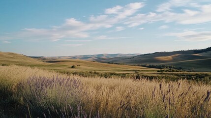 Fototapeta premium A vast landscape of golden fields stretches into the distance under a bright blue sky, offering a sense of freedom and openness.