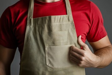 Close-up of a man wearing a beige apron over a red shirt.