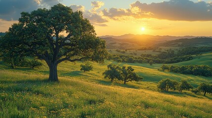 Fototapeta premium Majestic Oak Tree in a Golden Meadow at Sunset, Serene Landscape Photography