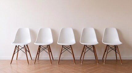 A row of empty chairs in a meeting room with a presentation board ready for advice-sharing.