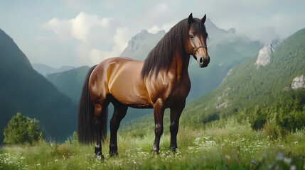 Majestic fjord horse with a shiny brown coat and muscular build stands proudly in a lush green meadow, showcasing its strength and elegant features. Majestic Fjord. Illustration