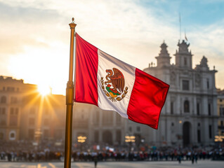 Naklejka premium Mexican flag waving against historical building at sunset