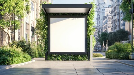 A sleek bus stop with a blank digital ad space surrounded by greenery and urban charm.