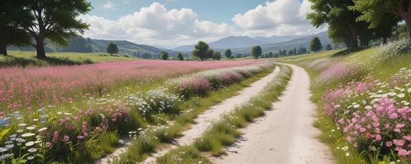 A tranquil pink and white countryside scene featuring a meandering white road lined with colorful wildflowers and lush greenery , white roads, natural landscapes