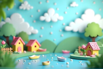 Fototapeta premium A charming papercraft soft rainy background in a peaceful little village.