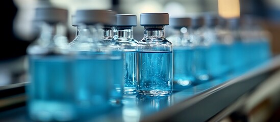 Close-up of multiple vials of light blue liquid on a conveyor belt in a pharmaceutical facility.