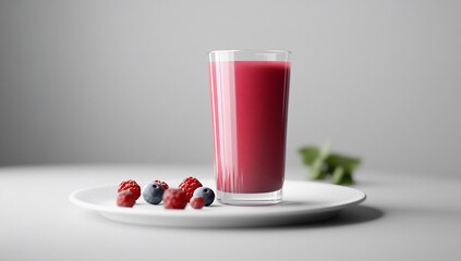 Fresh berry smoothie in a glass on a plate with fresh raspberries and blueberries.