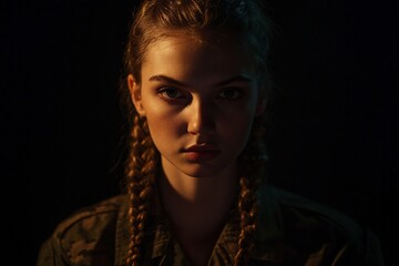 Close-up portrait of a young woman with braids, serious expression, dark background.