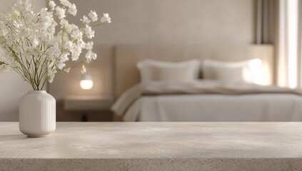 White flowers in vase on table, blurred bedroom background. (1)