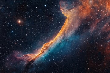 Cosmic nebula with vibrant orange, blue, and teal hues, stars.