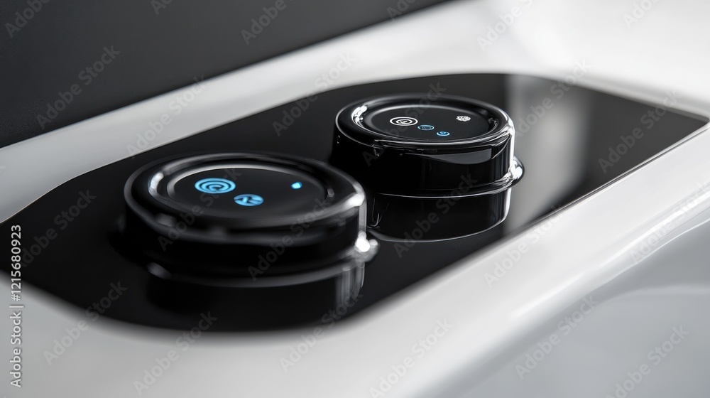Poster close-up of a smart faucet's touchpad showing various settings for temperature and flow.