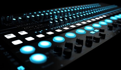 Obraz premium Close-up of a professional audio mixing console with illuminated buttons and knobs.