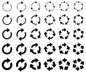 様々な形の回転矢印のベクターイラスト、アイコンのセット