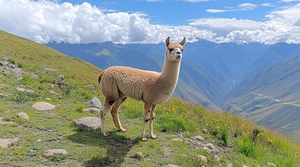 Llama standing Andes mountains sunny day travel
