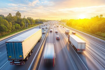 Sunset highway traffic jam, trucking, transportation