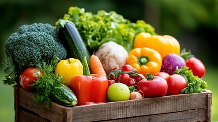 Freshly harvested vegetables in a wooden crate, showcasing vibrant colors in a lush garden