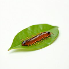 Fototapeta premium a venomous centipede on a leaf in white minimal background