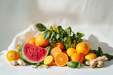 Vibrant assortment of fresh fruits and vegetables, including watermelon, oranges, lemons, limes, ginger, and spinach, arranged on a white background.