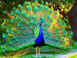 Obraz premium Majestic Peacock Displaying Vibrant Tail Feathers