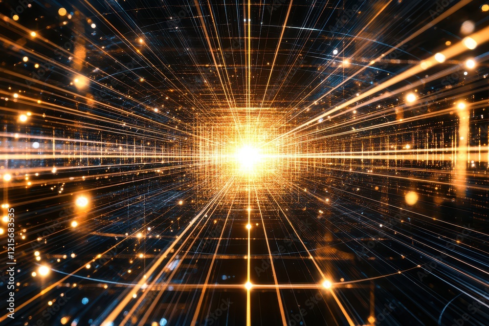 Poster dynamic burst of light with radiating particles and lines in a futuristic digital space representing