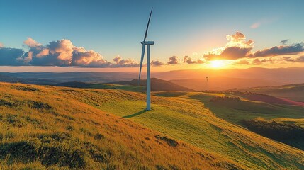 Obraz premium Sunset hillside wind turbines, green energy